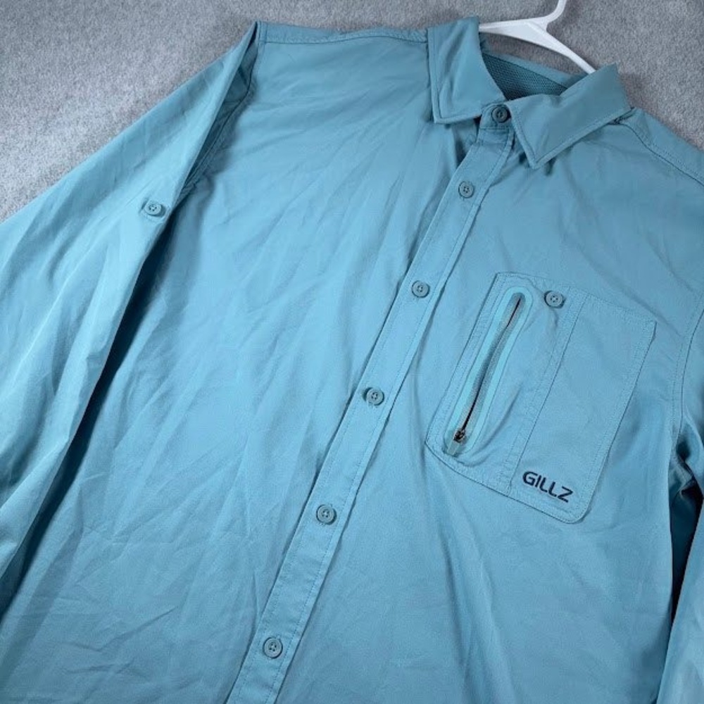 Gillz Fishing Shirt Mens M Blue Solid Vented Back Roll Tab Long Sleeve Pockets